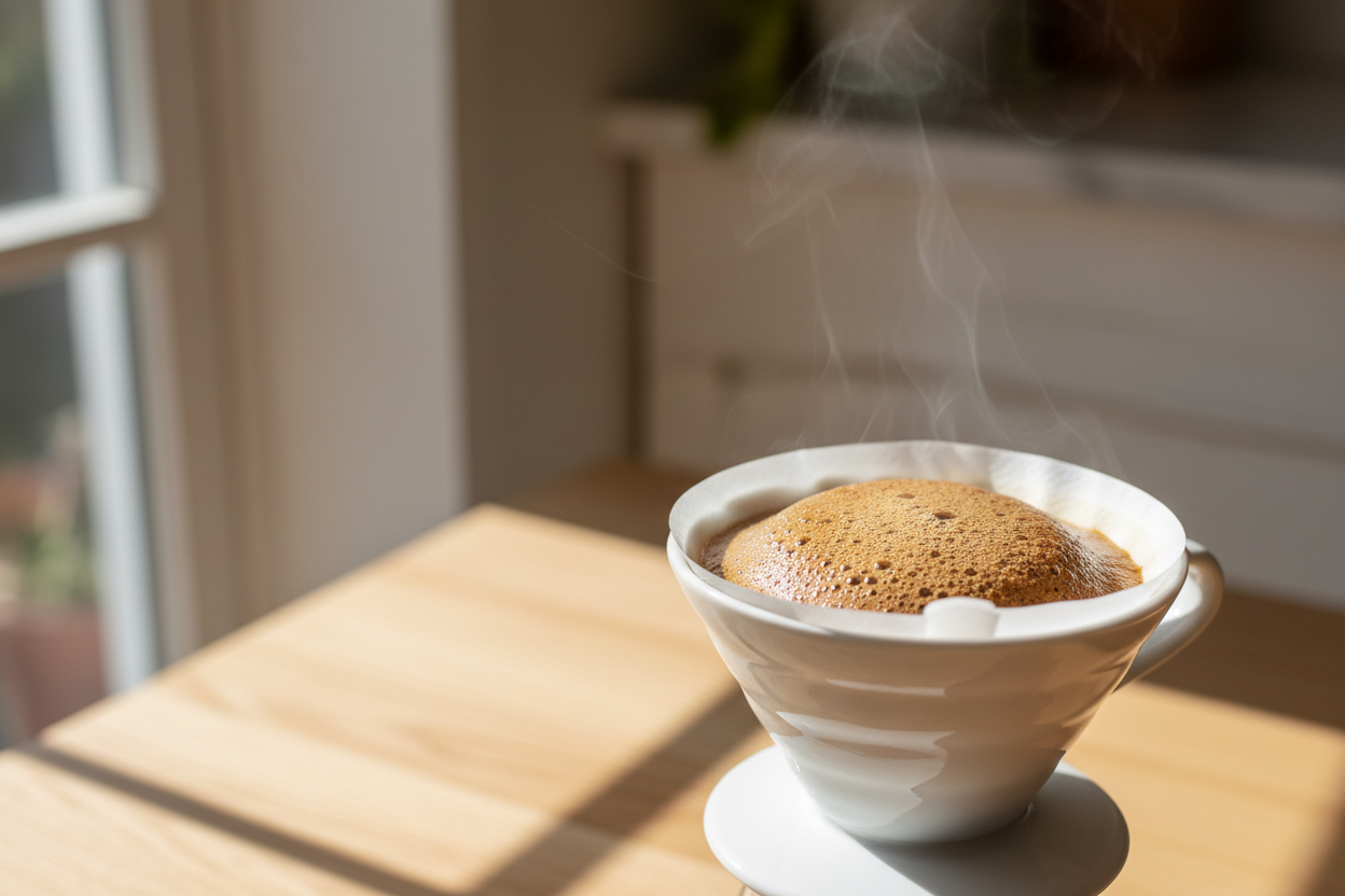 Primer plano de la cupula de cafe hinchada en un filtro de papel con burbujas finas y vapor