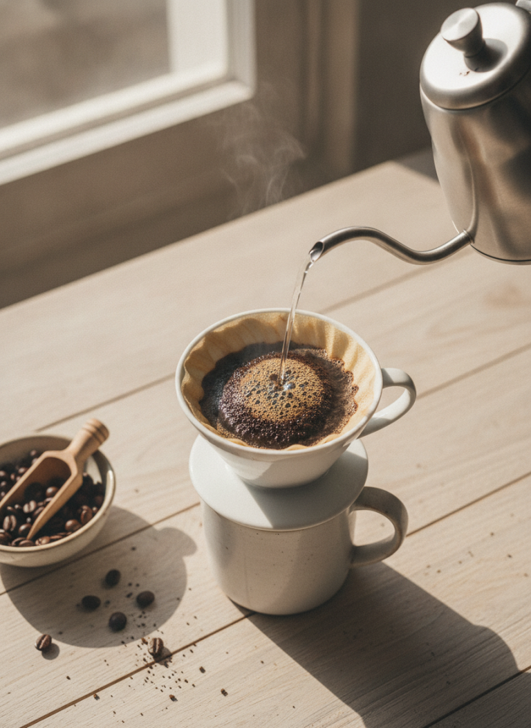 Agua cayendo de una tetera de cuello de ganso sobre cafe molido en un filtro V60 con la capa de cafe hinchada y vapor