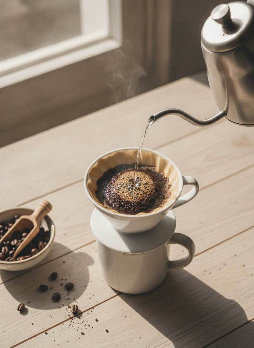 Agua cayendo de una tetera de cuello de ganso sobre cafe molido en un filtro V60 con la capa de cafe hinchada y vapor