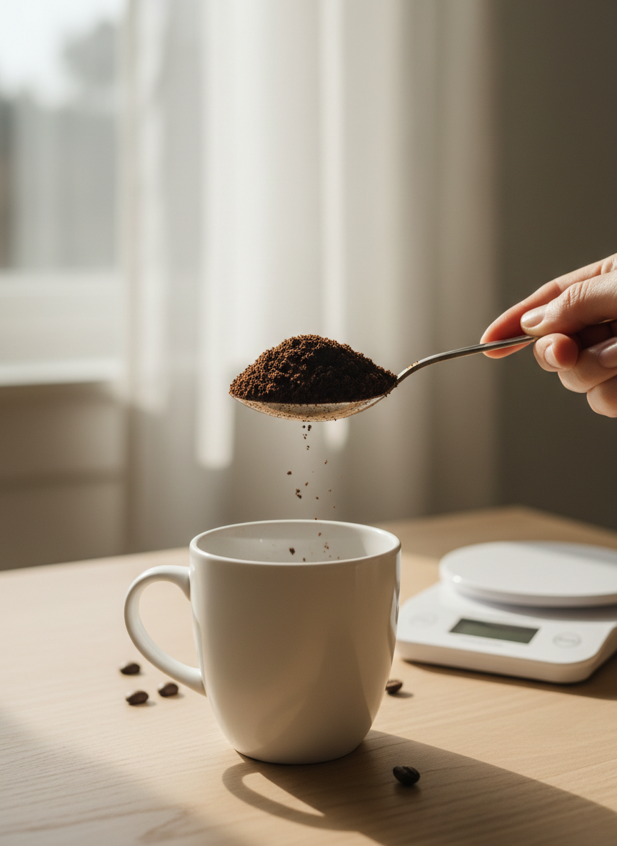 Cucharada colmada de cafe molido sobre una taza de ceramica blanca en una mesa de madera