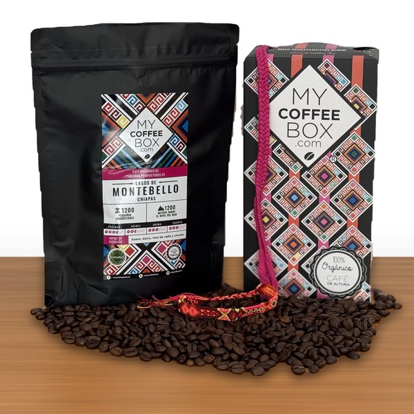 Caja MyCoffeeBox y bolsa de 500 gramos de café orgánico de Chiapas