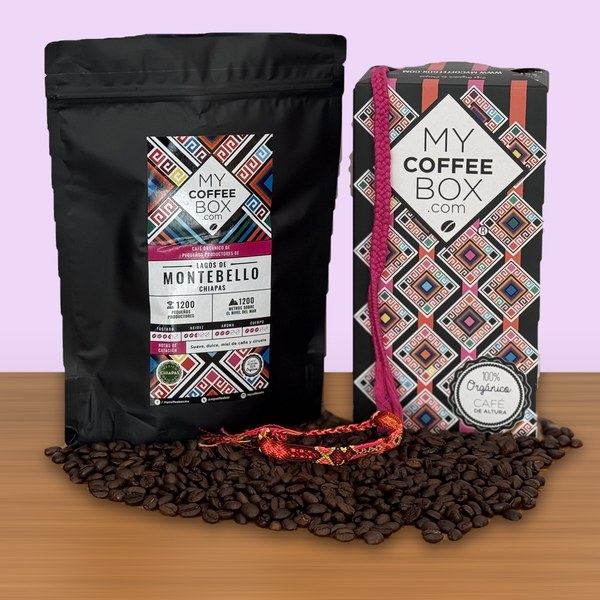 Caja MyCoffeeBox y bolsa de 500 gramos de café orgánico de Chiapas